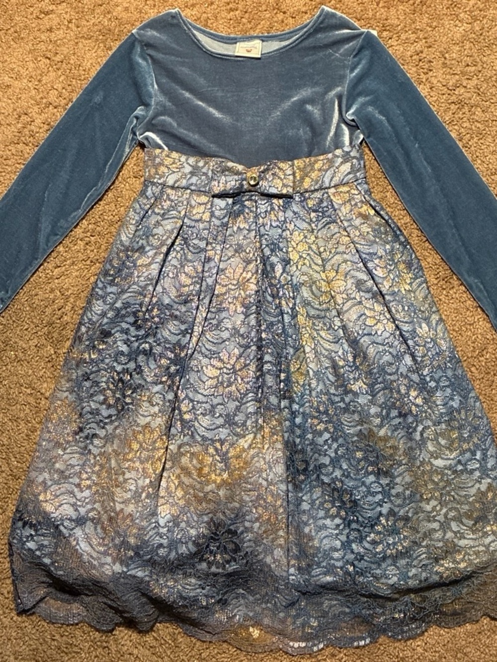 marmellata Blue Velvet & Lace Long-Sleeve Dress
